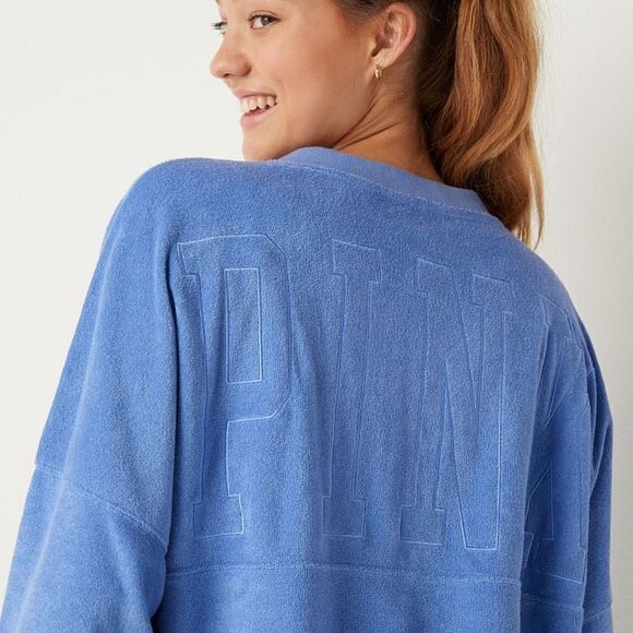 Victoria’s Secret Pink Varsity Terry Cloth V Neck Oversized Pullover - Picture 9 of 10